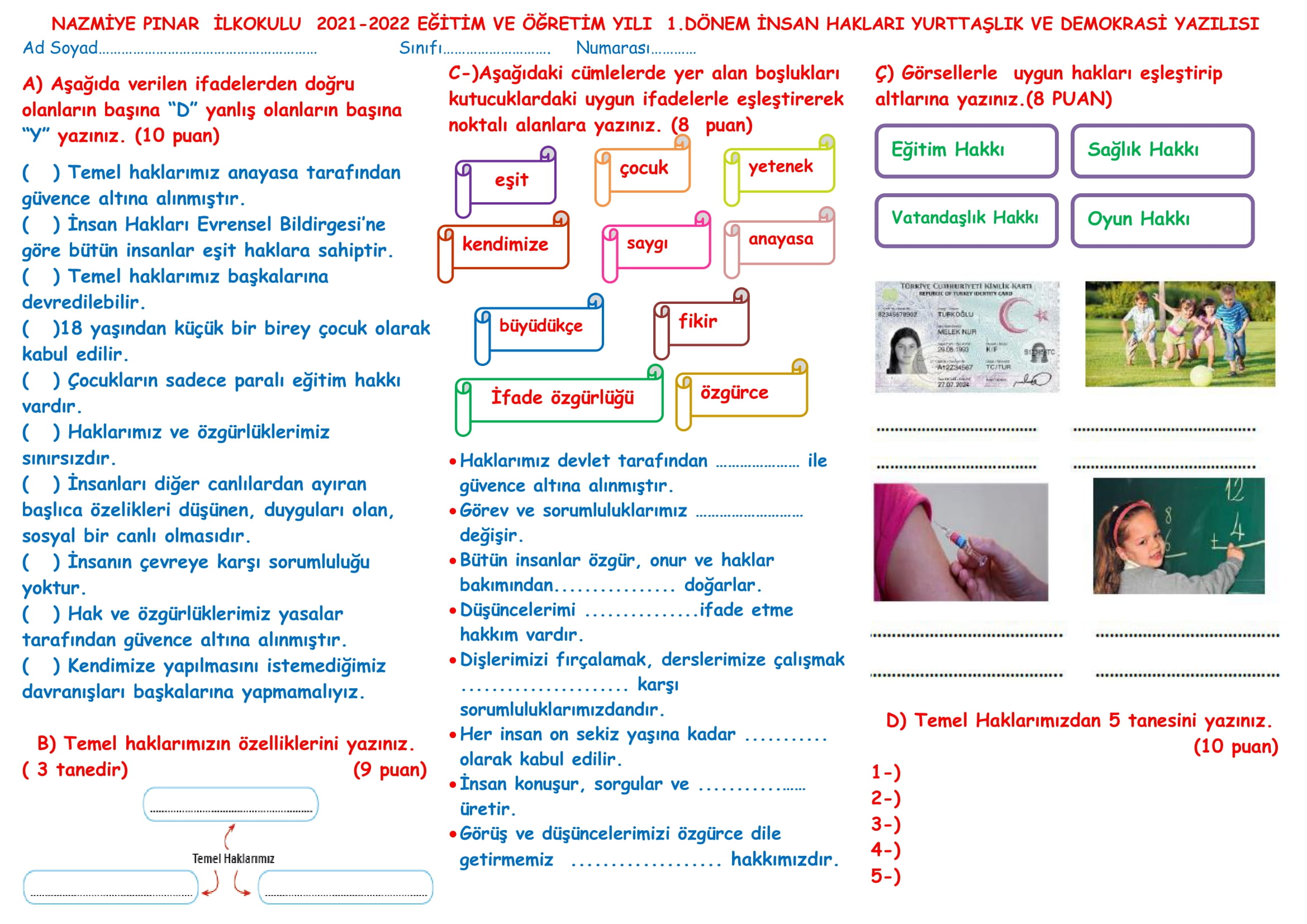 4.Sınıf  İnsan Hakları, Yurttaşlık ve Demokrasi  Dersi  1.Dönem  1.Yazılısı