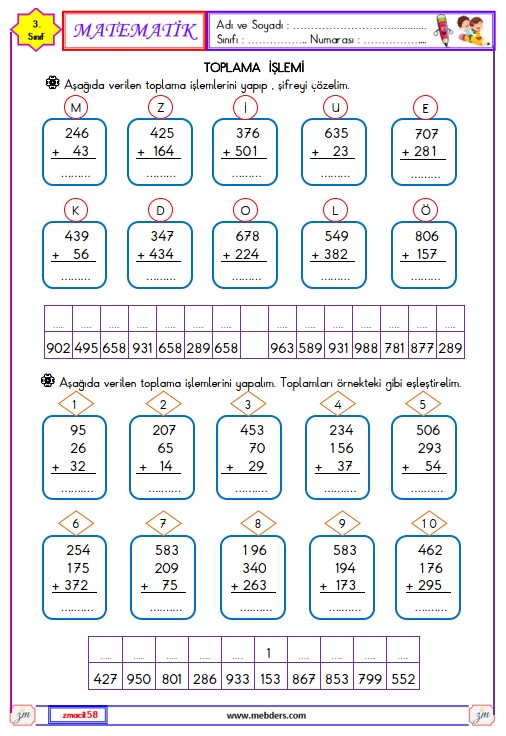 3. Sınıf Matematik Toplama İşlemi Etkinliği 1