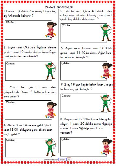 2. Sınıf Matematik Zaman Problemleri Etkinliği 6