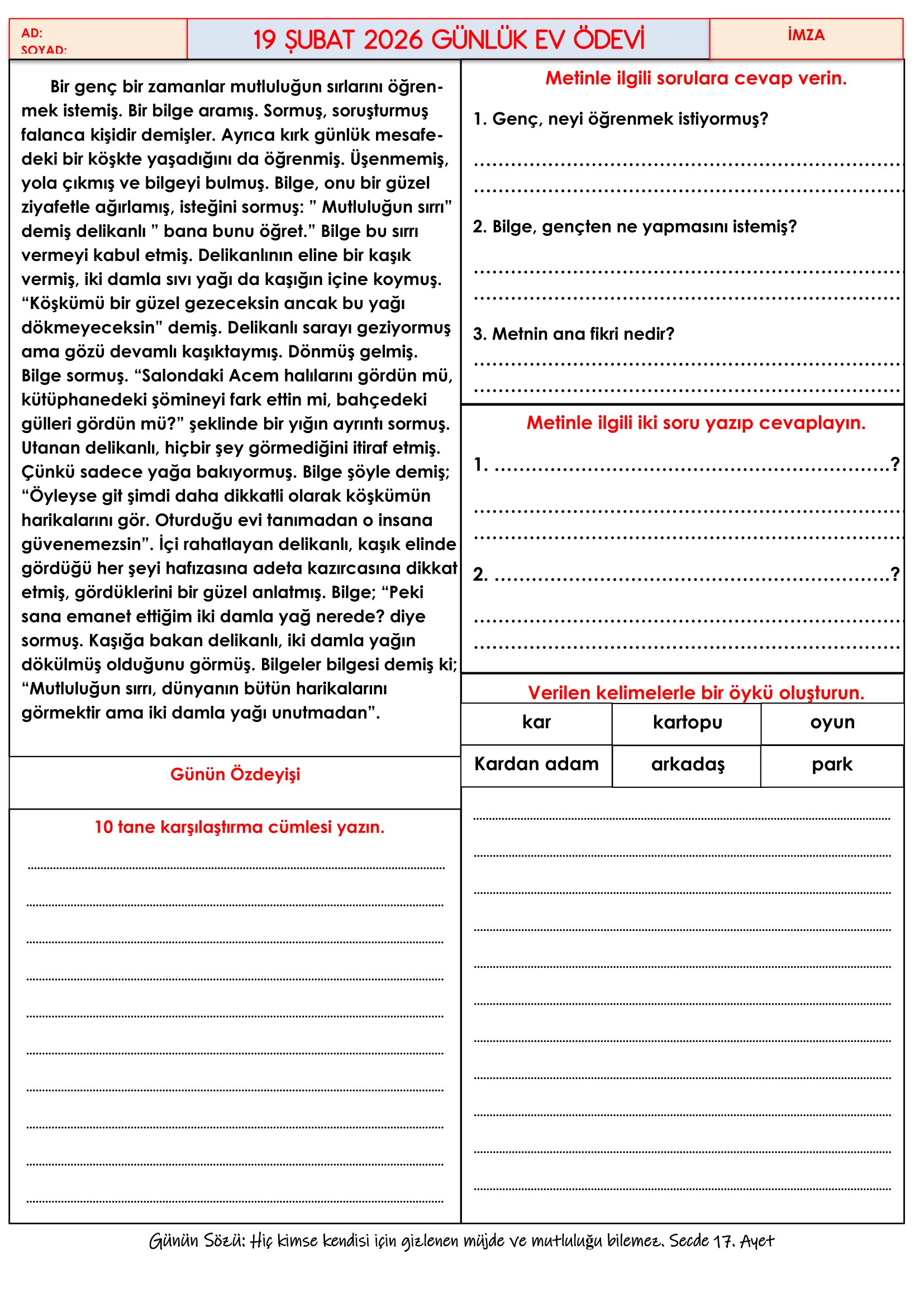 4.Sınıf - 19 Şubat 2026 Günlük Ev Ödevleri