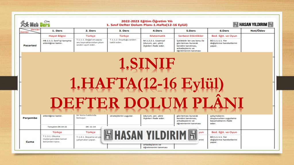 2022-2023 Eğitim Öğretim Yılı 1. Sınıf 1. Hafta (12-16 Eylül) Defter Dolum Planı