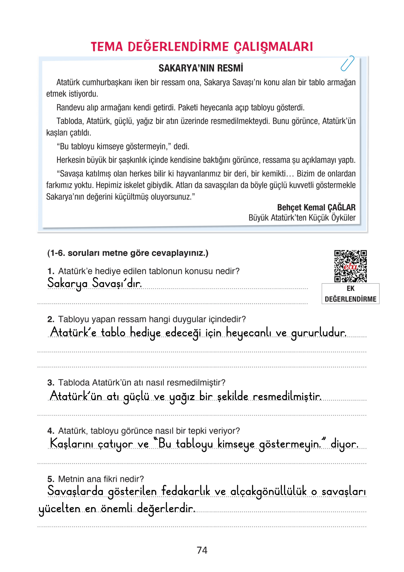 4. Sınıf Türkçe Ada Yayınları 2. Tema Milli Mücadele ve Atatürk Değerlendirme Soruları Cevapları