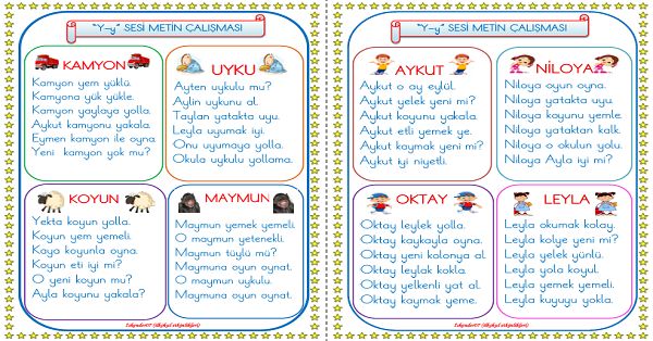 1. Sınıf İlk Okuma Yazma Y-y Sesi Okuma Metinleri (4 Sayfa)