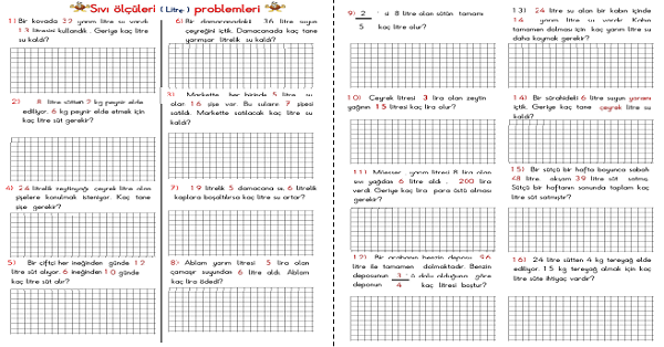 3. Sınıf Matematik Sıvı Ölçüleri Problemleri (16 Soru)