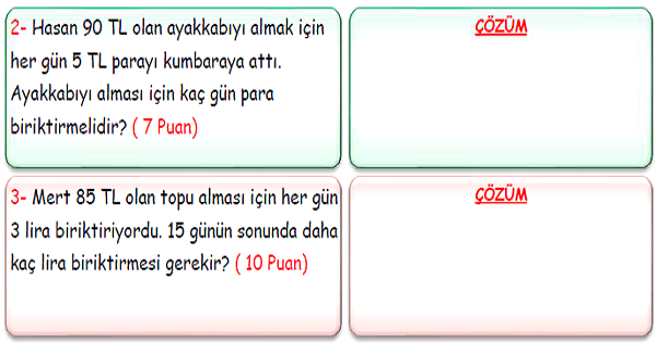 3.Sınıf Matematik Paralarımızla İlgili Problemler-1