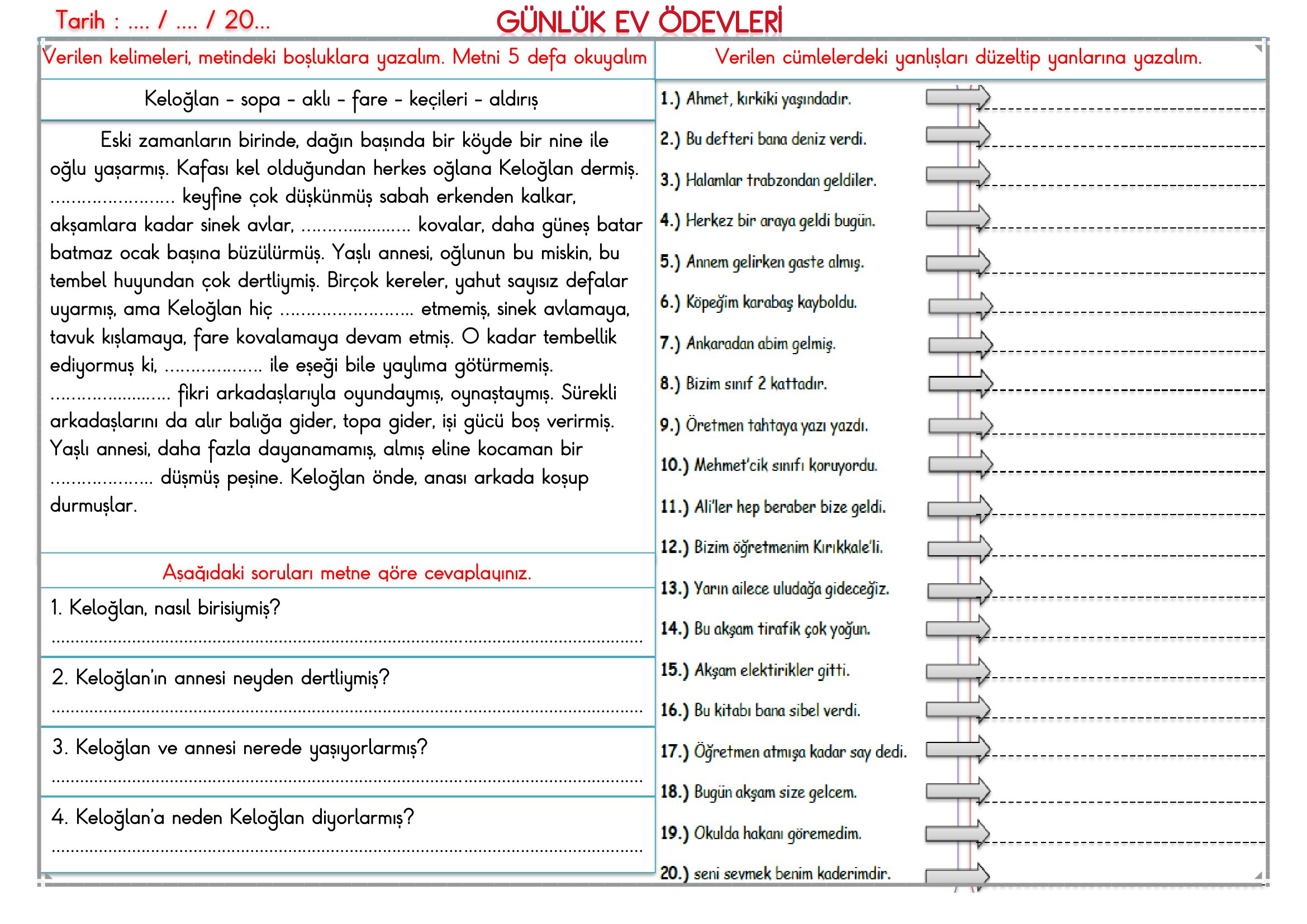 2.Sınıf - 01 Nisan 2026 Günlük Ev Ödevleri