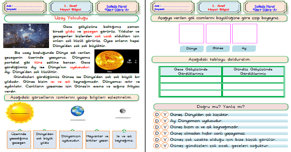 1.Sınıf Hayat Bilgisi Gökyüzünde Neler Var Etkinliği