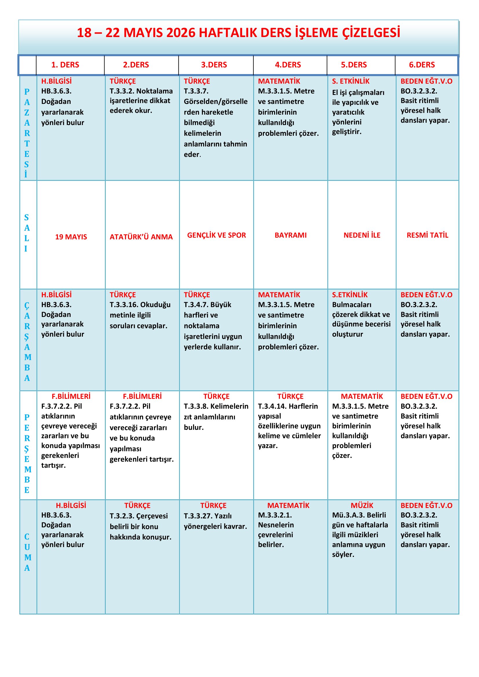 3.Sınıf 18 - 22 Mayıs 2026 Haftalık Ders İşleme Çizelgesi.doc