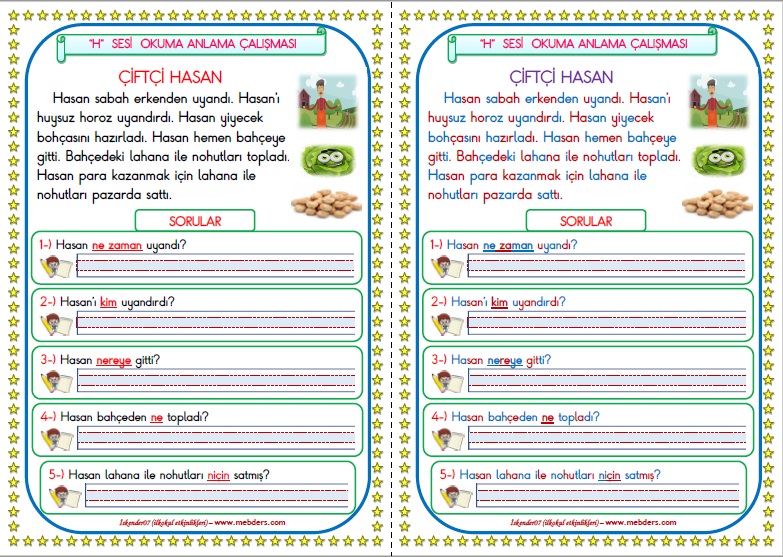 1.Sınıf H-h Sesi Okuma Anlama Metin Çalışması  (2 Sayfa)