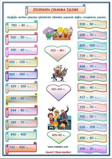 4.Sınıf Matematik Zihinden Çıkarma İşlemi