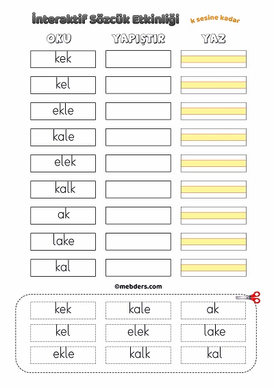 İnteraktif Sözcük Etkinliği - K Sesine Kadar