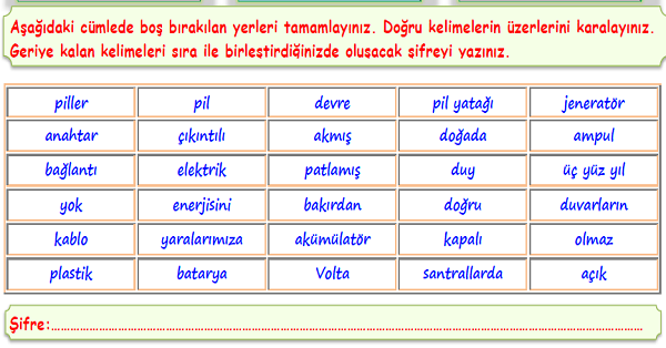 4.Sınıf Fen Bilimleri Basit Elektrik Devre Elemanları-Boşluk Doldurma Etkinliği