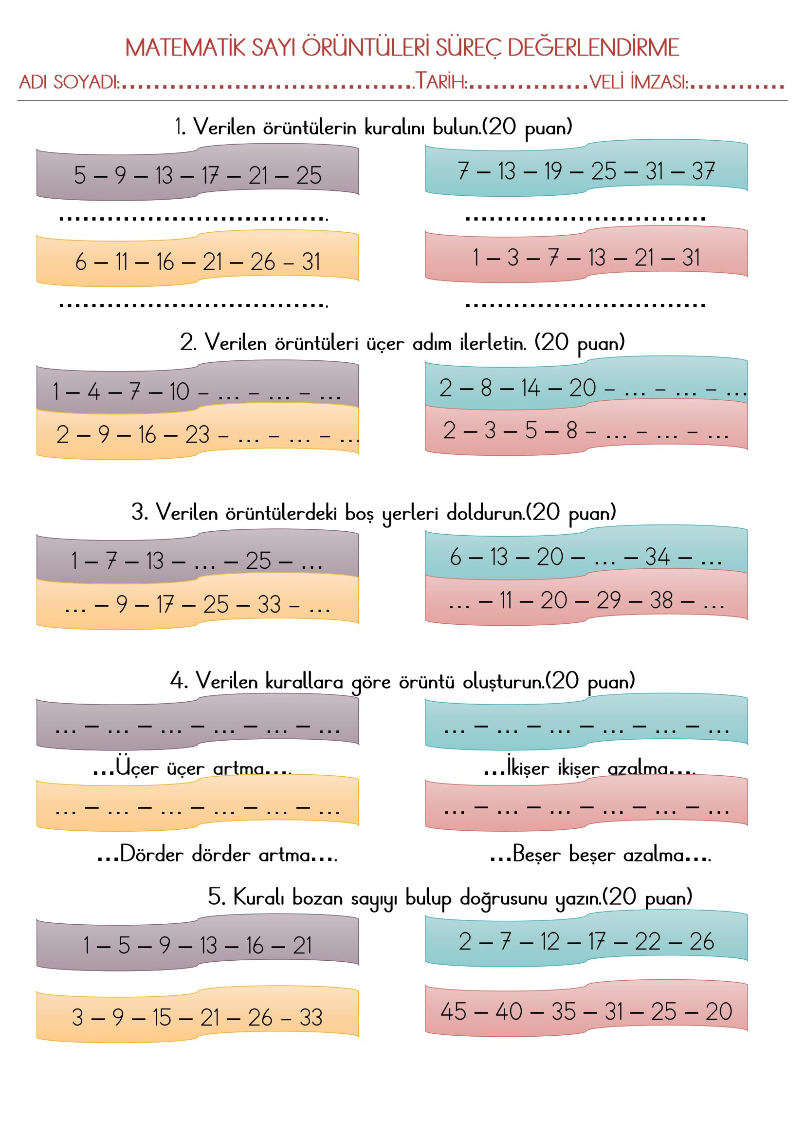3.Sınıf Matematik Sayı Örüntüleri Süreç Değerlendirme