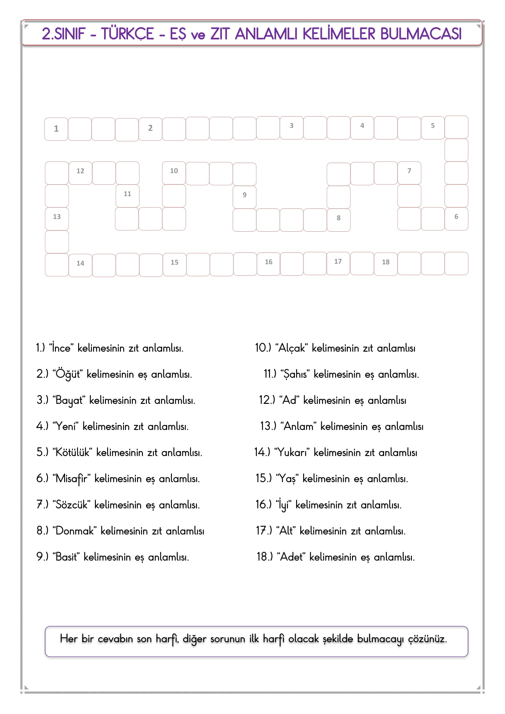2.Sınıf - Türkçe - Sarmal Bulmaca Etkinliği