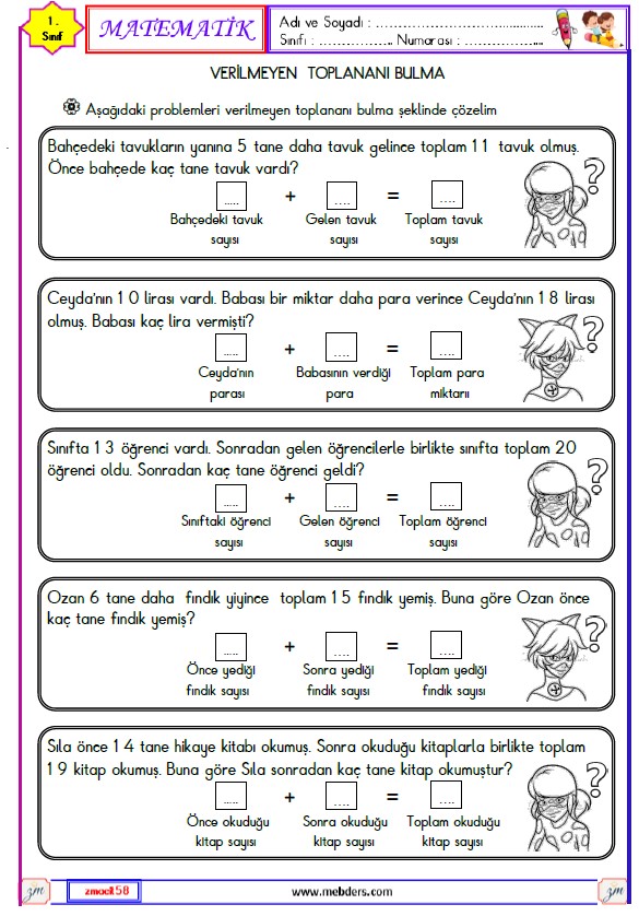 1. Sınıf Matematik Verilmeyen Toplananı Bulma Etkinliği Etkinliği 7