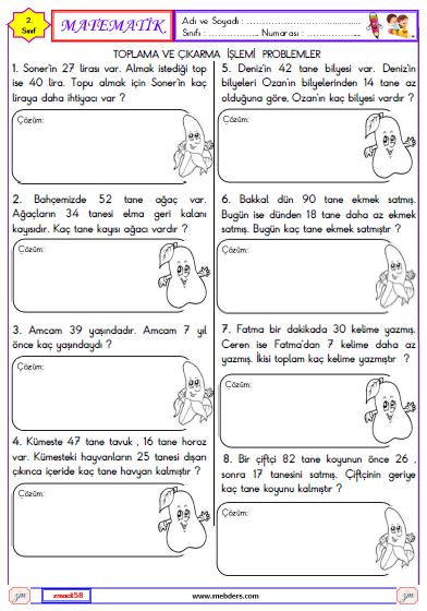 2.Sınıf Matematik Toplama ve Çıkarma İşlemi Problemler Etkinliği 2