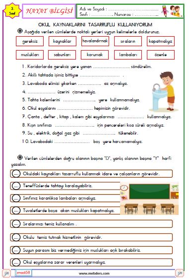 3. Sınıf Hayat Bilgisi Okul Kaynaklarını Tasarruflu Kullanıyorum Etkinliği