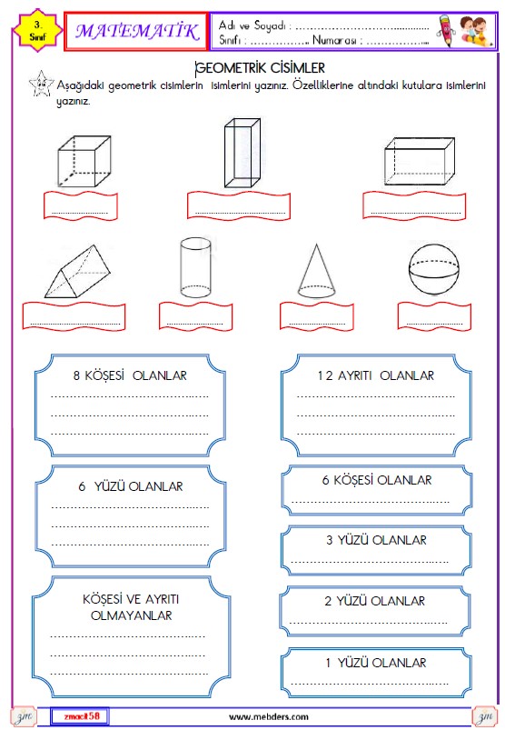 3. Sınıf Matematik Geometrik Cisimler Etkinliği 2