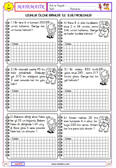 3. Sınıf Matematik Uzunluk Ölçme Birimleri İle İlgili Problemler Etkinliği 1