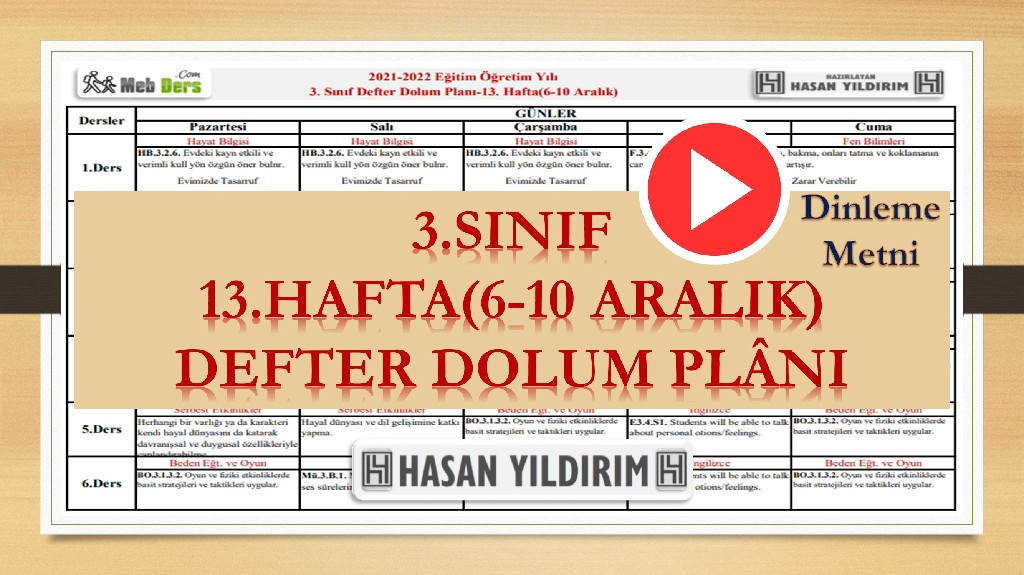 3.Sınıf 13.Hafta(6-10 Aralık) Defter Dolum Planı