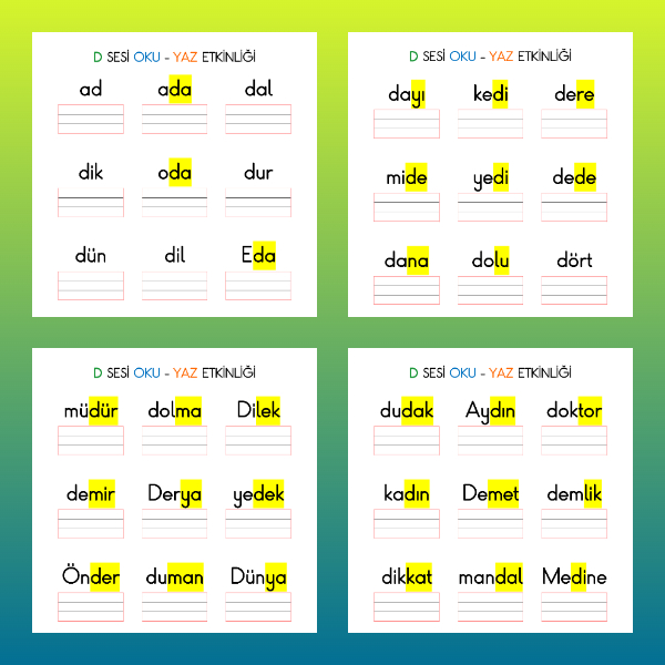 1. Sınıf İlkokuma Yazma - D Sesi Kelime Oku Yaz Etkinliği