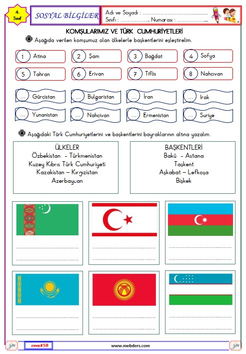 4. Sınıf Sosyal Bilgiler Türk Cumhuriyetleri Etkinliği 3