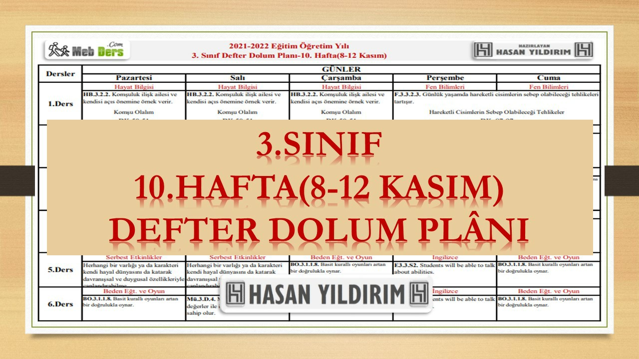 3.Sınıf 10.Hafta(8-12 Kasım) Defter Dolum Planı