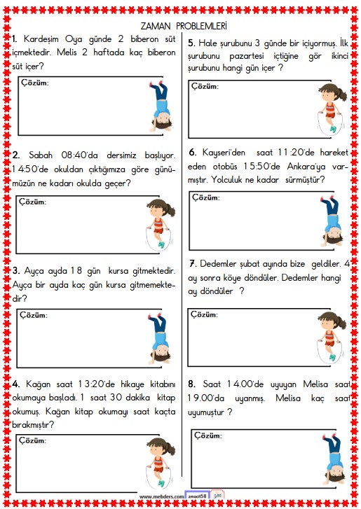 2. Sınıf Matematik Zaman Problemleri Etkinliği 7