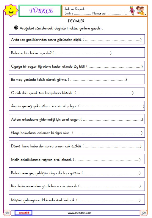 4. Sınıf Türkçe Deyimler Etkinliği 1