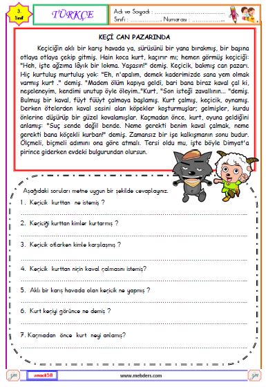 3. Sınıf Türkçe Okuma ve Anlama  Etkinliği (Keçi Can Pazarında)