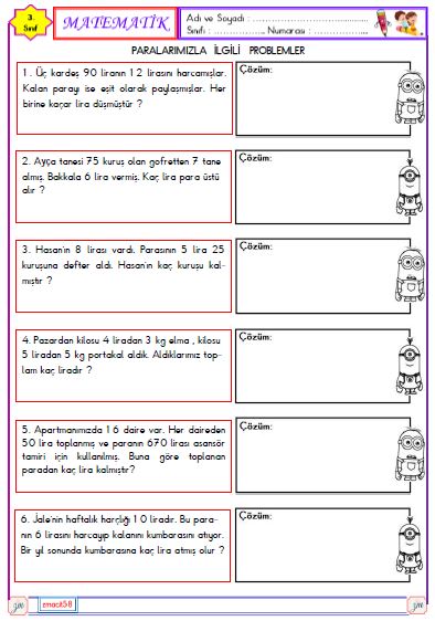 3. Sınıf Matematik Paralarımız ile İlgili Problemler Etkinliği 3