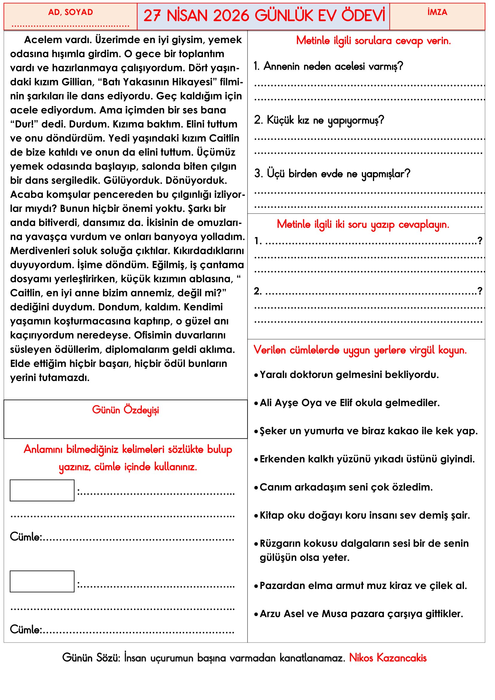 3.Sınıf - 27 Nisan 2026 Günlük Ev Ödevleri