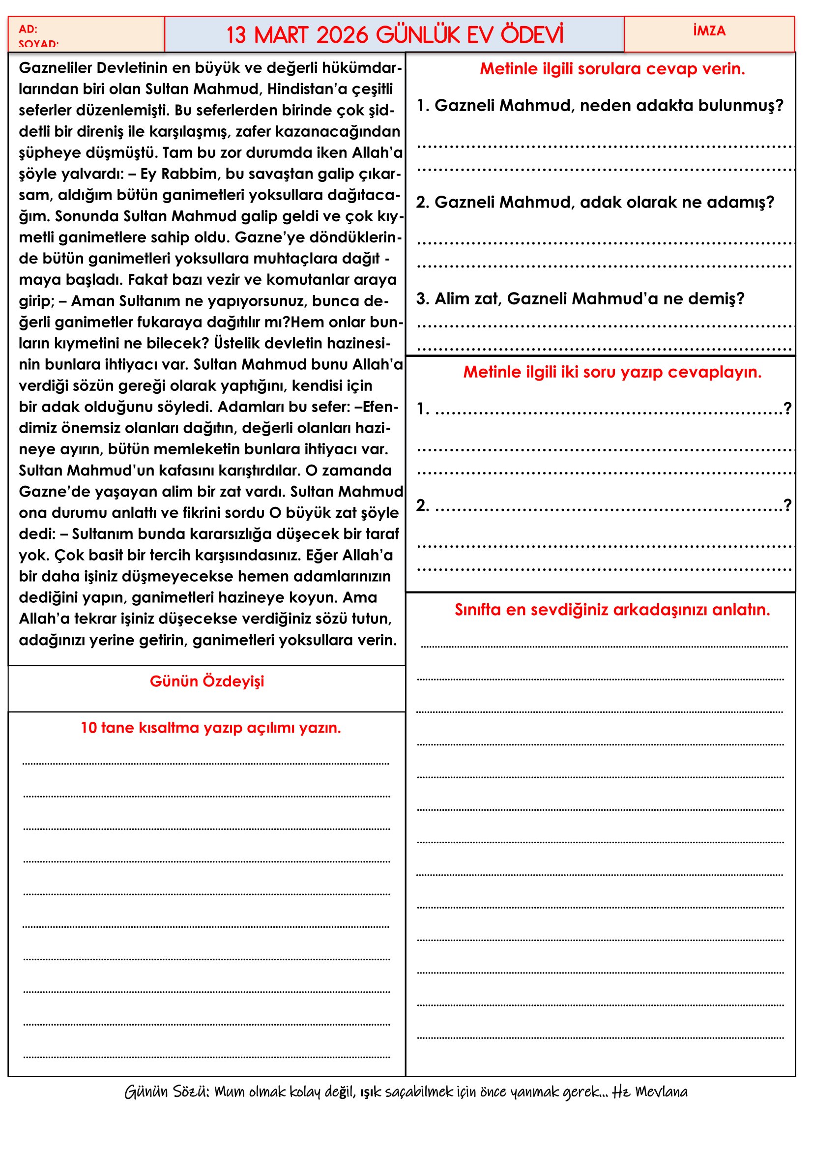 4.Sınıf - 13 Mart 2026 Günlük Ev Ödevleri