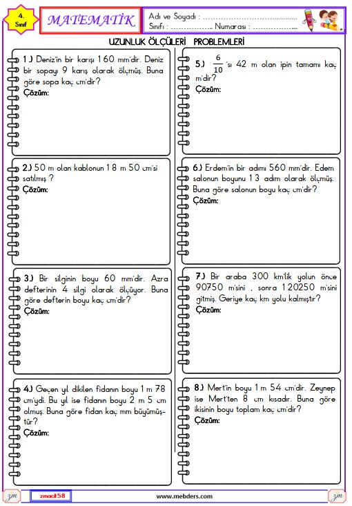 4. Sınıf Matematik Uzunluk Ölçme Problemleri Etkinliği 6