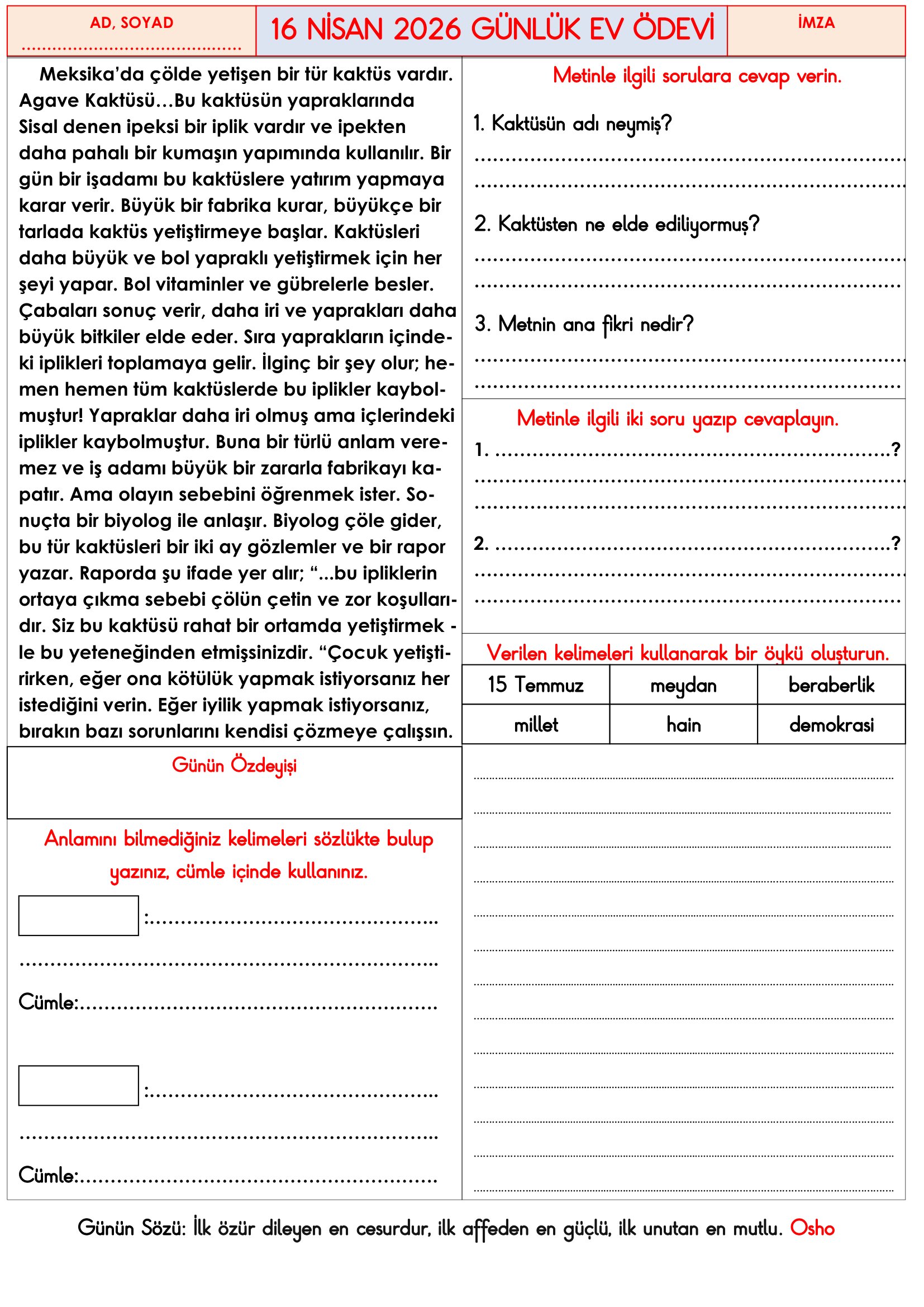 3.Sınıf - 16 Nisan 2026 Günlük Ev Ödevleri