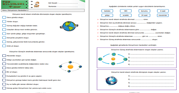 4.Sınıf Fen Bilimleri Dünya'mızın Hareketleri Etkinliği 2