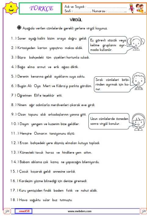 4. Sınıf Türkçe Türkçe Virgül Etkinliği 6