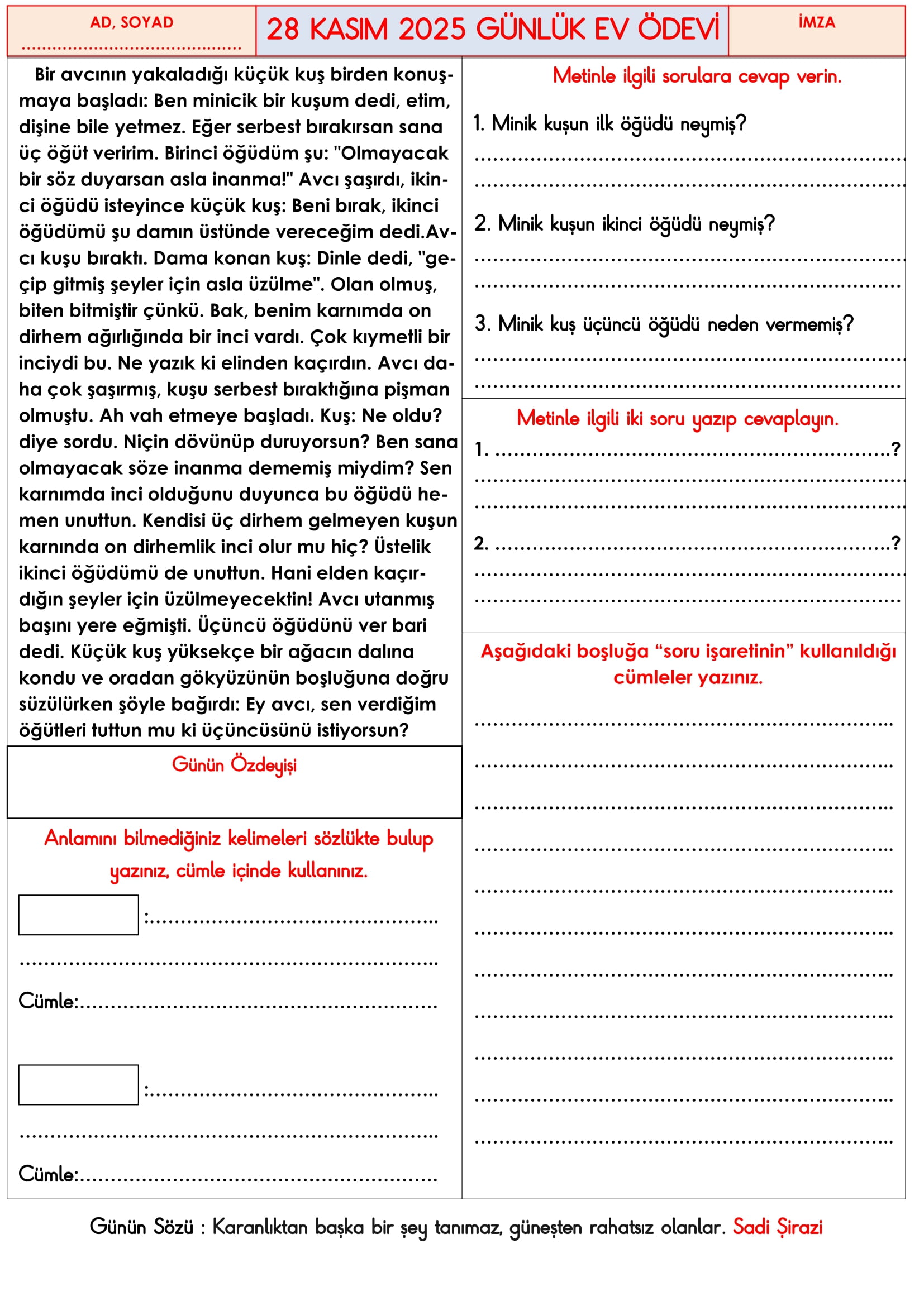 3.Sınıf - 28 Kasım 2025 Günlük Ev Ödevleri