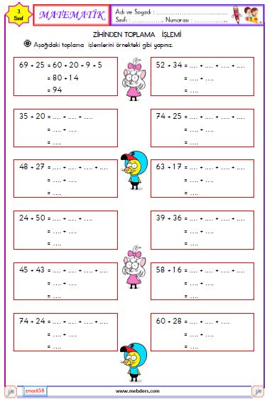 3. Sınıf Matematik Zihinden Toplama İşlemi Etkinliği 1