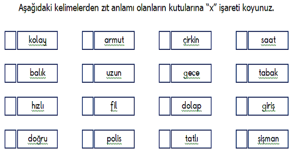 1.Sınıf Türkçe Zıt (Karşıt) Anlamlı Kelimeler Etkinliği 5