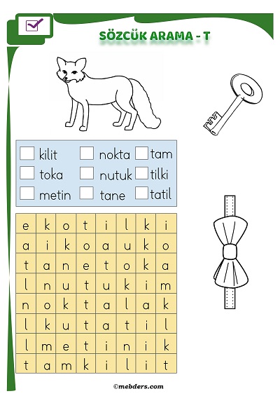 1.Sınıf İlkokuma Boyamalı Sözcük Arama Etkinliği - T Sesi