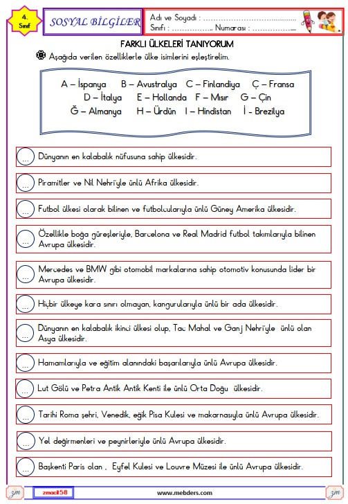 4. Sınıf Sosyal Bilgiler Farklı Ülkeleri Tanıyorum Ettkinliği