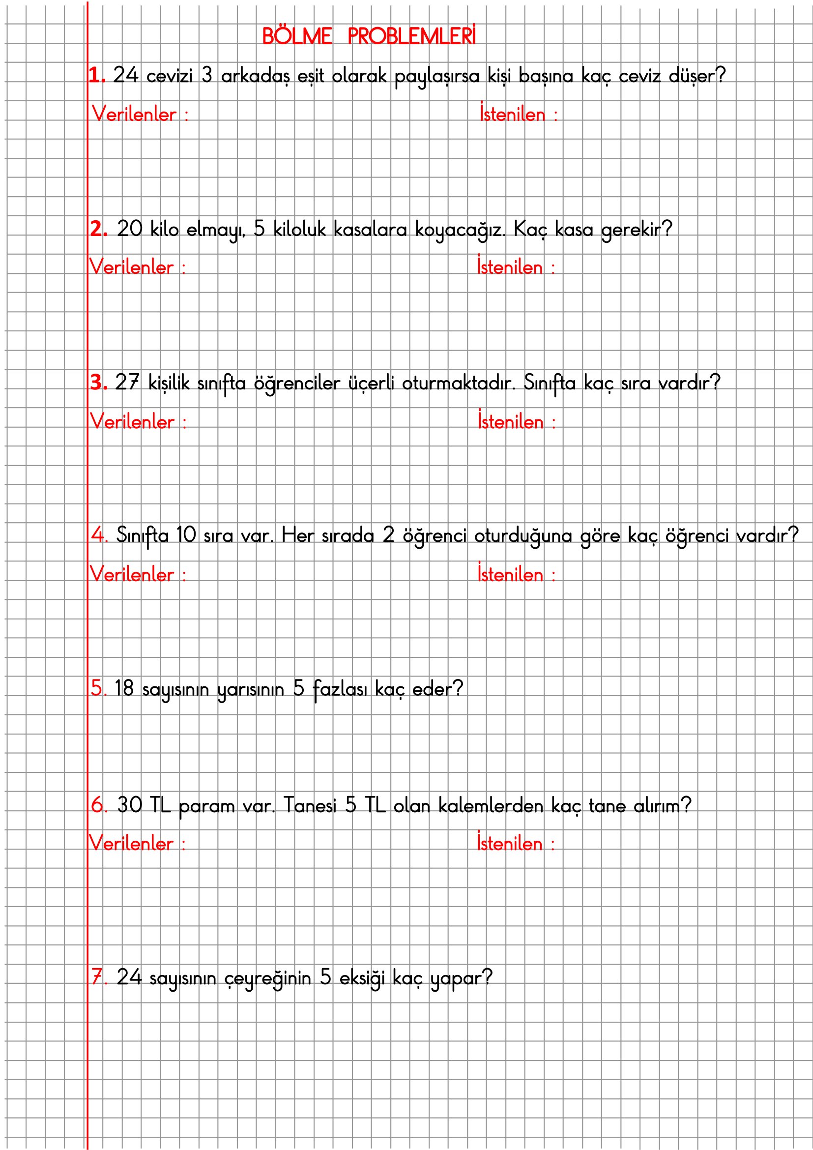 2.Sınıf Matematik Kareli Defterde Bölme Problemleri