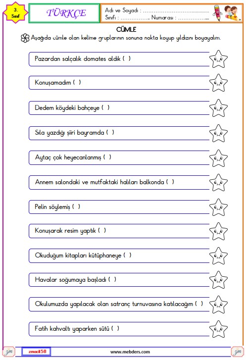 3. Sınıf Türkçe Cümle Bilgisi Etkinliği