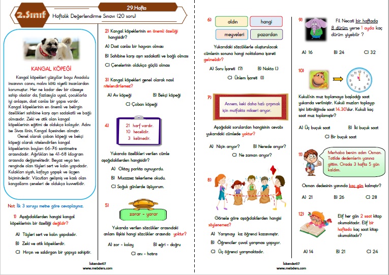 2.Sınıf Haftalık Değerlendirme Testi - 29.Hafta (24-28 Nisan)