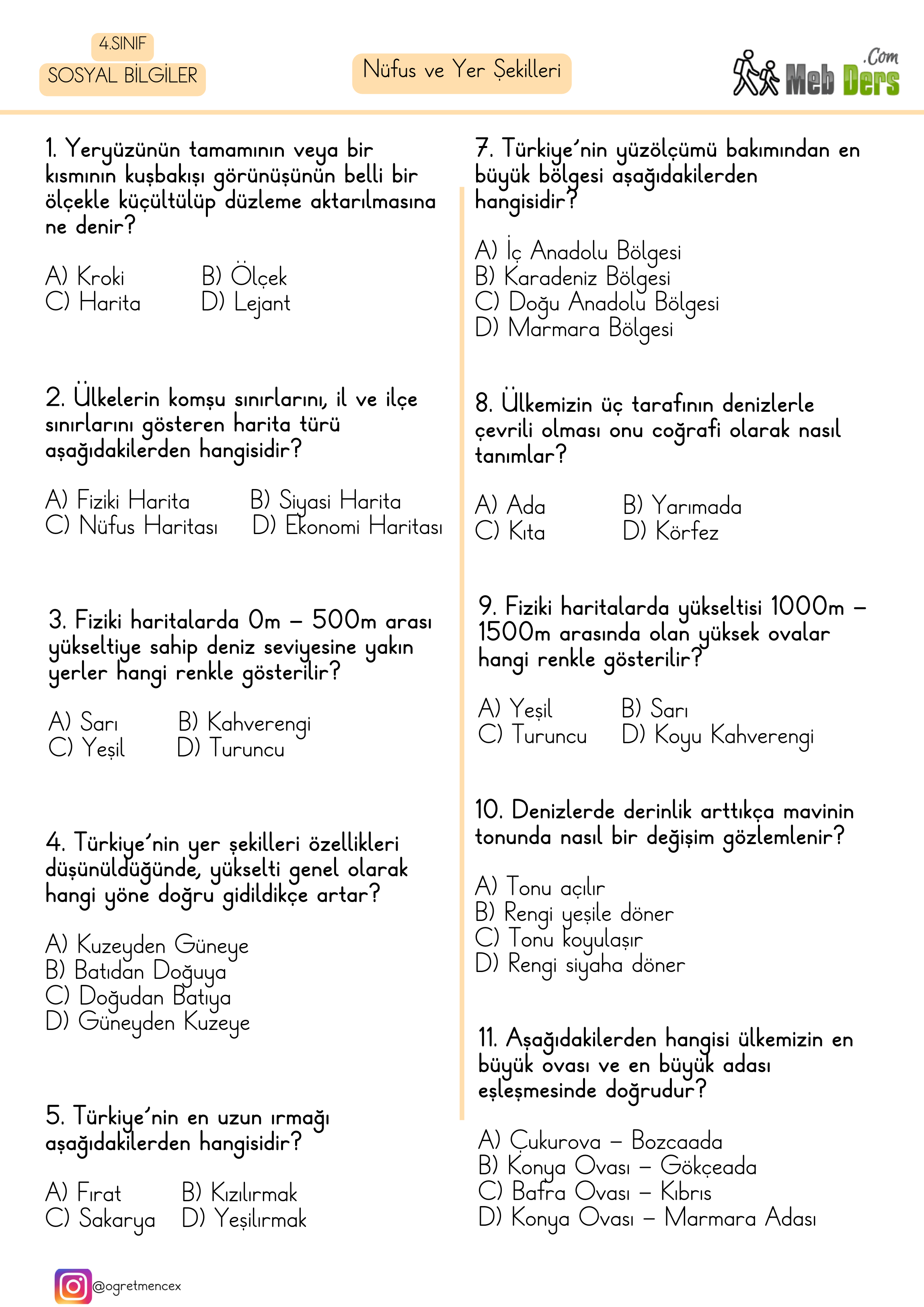 4. Sınıf Sosyal Bilgiler Nüfus ve Yer Şekilleri Testi