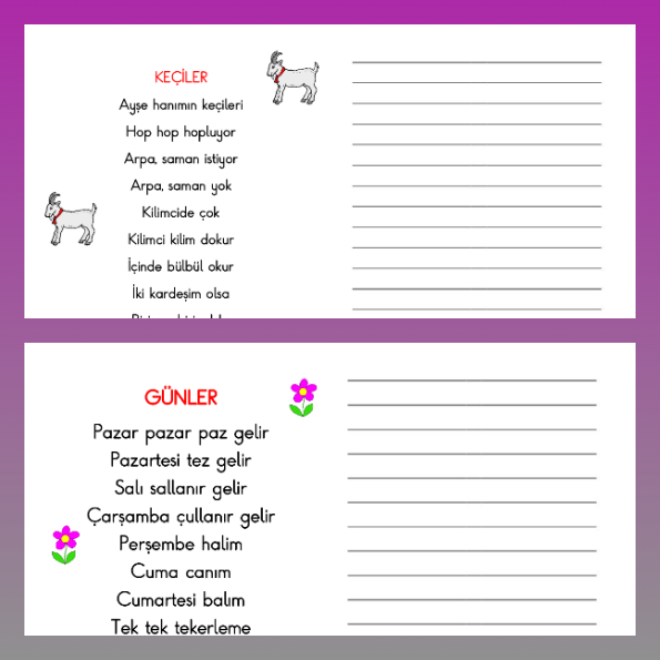 1. Sınıf Türkçe - Güzel Yazı Etkinliği (2 Sayfa Tekerleme)