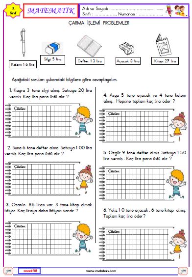 3. Sınıf Matematik Çarpma İşlemleri Problemleri Etkinliği 3