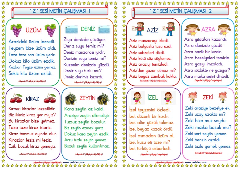 1.Sınıf Z-z  Sesi Metin Çalışması  (2 Sayfa - 8 Farklı Metin)