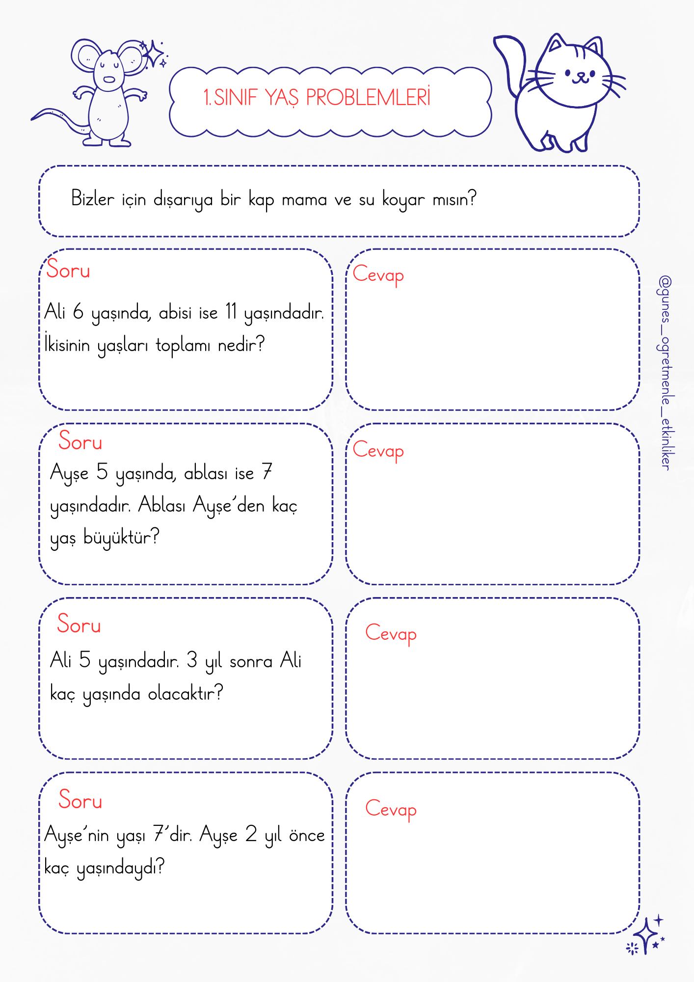 1. Sınıf Matematik Yaş Problemleri